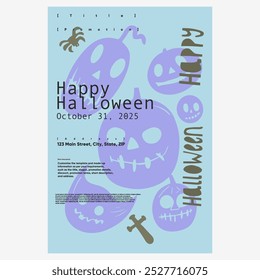 Afiche de Halloween con linternas y arañas púrpuras, con texto atrevido y diseño minimalista, perfecto para promociones de eventos con un estilo peculiar y espeluznante.