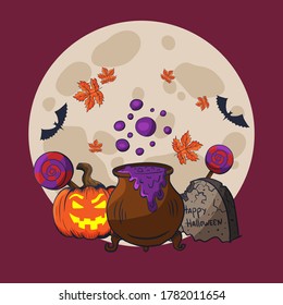 Halloween poster, flyer or menu design. Vector illustration. Scary party invitation with witch hat, cauldron, moon, pumpkins and pattern