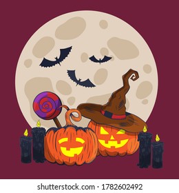 Halloween poster, flyer or menu design. Vector illustration. Scary party invitation with witch hat, cauldron, moon, pumpkins and pattern