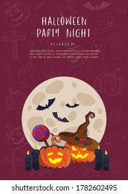 Halloween poster, flyer or menu design. Vector illustration. Scary party invitation with witch hat, cauldron, moon, pumpkins and pattern. Halloween party night