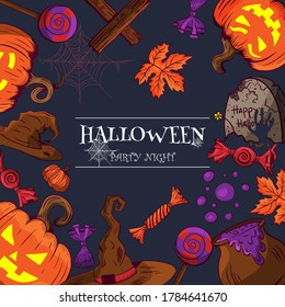 Afiche, volante o diseño de menú de Halloween. Ilustración vectorial. Aterradora invitación de fiesta con sombrero de bruja, caldero, luna, calabazas y patrón. Noche de fiesta de Halloween