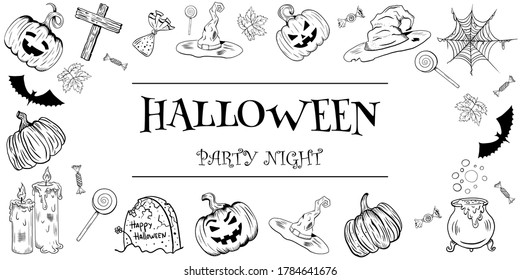 Halloween poster, flyer or menu design. Vector illustration. Black on white. Scary party invitation with witch hat, cauldron, moon, pumpkins and pattern. Halloween party night
