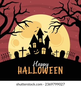 Halloween poster, flyer template design. Happy Halloween party poster. Social media post template with old mansion, graveyard and scary pumpkin. Art cover horror night. October 31 holiday evening.