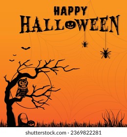 Halloween poster, flyer template design. Happy Halloween party poster design with old tree, graveyard, spider, owl and scary pumpkin. Art cover horror night. October 31 holiday evening.