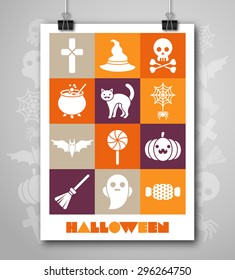 Halloween Poster or Flyer with White Flat Icons Set. Vector illustration. 