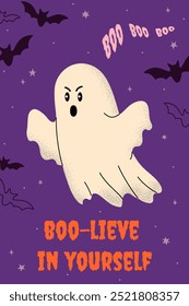 Halloween poster with flying ghost, bats on purple background and typography. Flat vector illustration. Modern art design with grainy texture for card, invitation, banner, cover, label.