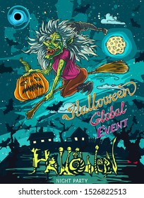 Halloween poster with flying witch riding broom with pumpkin drawing by ink in vector. Hand drawn illustration.