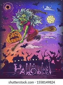 Halloween poster with flying witch riding broom with pumpkin in vector. Hand drawn illustration with Halloween pumpkin.