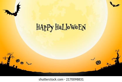 Halloween poster, full moon, bats and jack-o'-lanterns