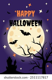 Halloween Poster with Full Moon, Bats, and Haunted House Silhouette