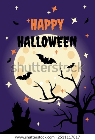 Halloween Poster with Full Moon, Bats, and Haunted House Silhouette