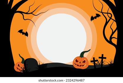 Halloween poster with full moon on centre, two evil pumpkins, tombstone, bats, dead trees and christ crosses.