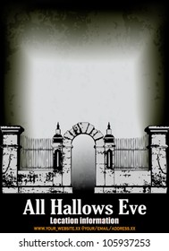 Halloween poster, with a gate to to a spooky graveyard