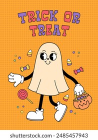 Cartel de Halloween con fantasma en un estilo retro de dibujos animados con texto Trick or Treat sobre fondo naranja. Tarjeta de felicitación de Halloween. Ilustración vectorial