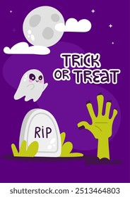 Halloween poster with ghost and graveyard. Vector illustration in flat style