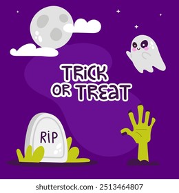 Halloween poster with ghost and graveyard. Vector illustration in flat style