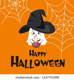 Halloween poster with ghost and web. Vector illustration.