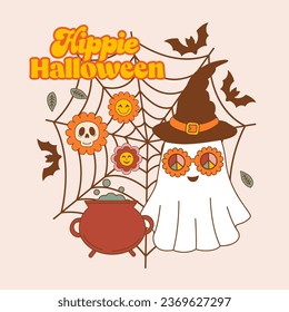 Halloween poster with ghost, witch cauldron, flowers