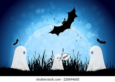 Halloween Poster with Ghosts, Bats and Moon