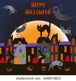 halloween poster with ghosts in the city - vector illustration, eps