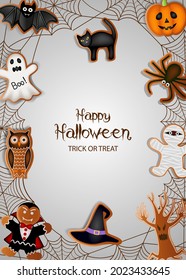 Halloween poster with gingerbread cookies and spiderweb
