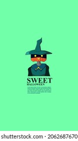 Halloween poster with a good witch pumpkin head design character on a smiling face. copy space area. design Vector EPS 10
