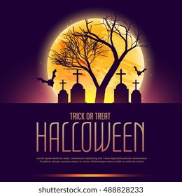halloween poster with grave and tree