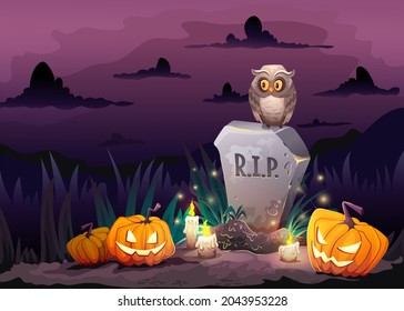 Halloween poster with gravestone tomb, old owl and scary pumpkins in cemetery with dark scary sky background. Vector cartoon illustration. 