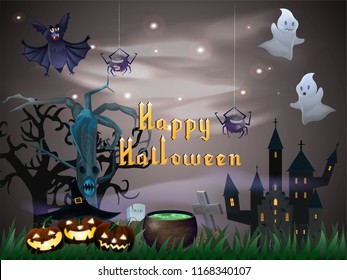 
Halloween poster in gray, stars, ghosts, spiders, castle, jack-light, ominous tree, lettering, grass and pot with potion. Sinister vector illustration design