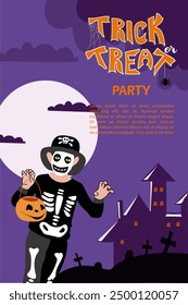 Cartel de Halloween, saludo o tarjeta, Anuncio o invitación de fiesta, fondo. Letras de truco o trato. Un castillo oscuro, un cementerio, una luna grande, una araña y un niño disfrazado de Halloween. Vector. 