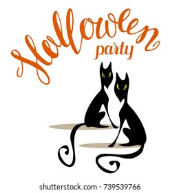 Halloween poster or greeting card with black cats isolated on white background. Holiday illustration with lettering.