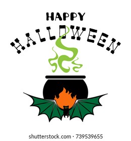 Halloween poster or greeting card with cauldron and potion isolated on white background. Holiday illustration with lettering.