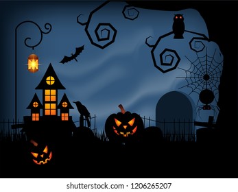 Halloween poster or greeting card design with haunted house and scary jack-o-lanterns on night view background.