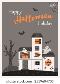 Halloween poster, greeting card. festive postcard design for October holiday celebration. Cute night party invitation template  house with ghosts. Flat vector illustration