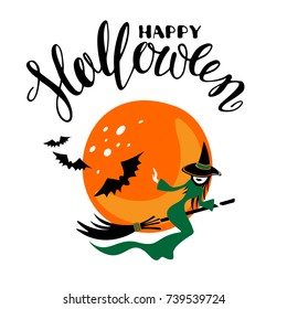 Halloween poster or greeting card with flying pretty witch and bats isolated on white background. Holiday illustration with lettering.