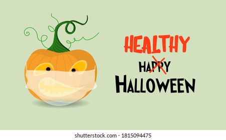 Halloween poster or greeting card. Horizontal banner with a pumpkin wearing a medical mask. Happy Halloween.