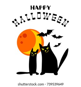 Halloween poster or greeting card with moon and black cats isolated on white background. Holiday illustration with lettering.