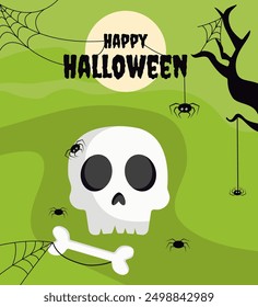 Halloween poster or greeting card with a skull and a spider web on a green background. Celebration party invitations. Vector illustration.