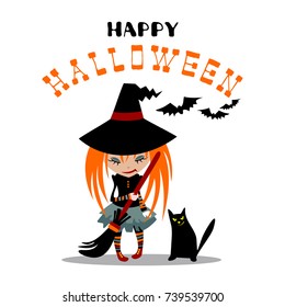 Halloween poster or greeting card with young pretty witch and black cat isolated on white background. Holiday illustration with lettering.