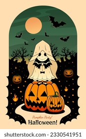 Halloween poster, greeting, invitation with ghost and pumpkins on the cemetery, with moon and bats on a background, invitation to a Costume Halloween party.