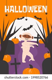 Halloween poster, greeting or post card, banner, background. Dark forest, cemetery, dry trees, buts, big moon, spider, pumpkin and boy in mummy coustume. Vector flat illustration