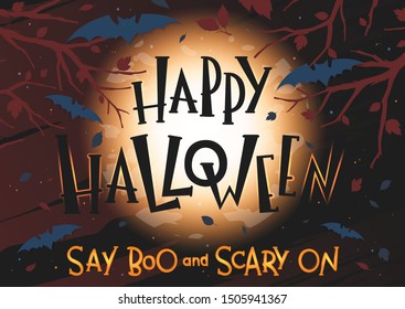 Halloween  poster with grunge background,flying bats,full moon and dead trees.Halloween design perfect for prints,flyers,banners, invitations,greetings.Vector Halloween illustration.
