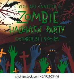 Halloween poster with grunge background,zombie hands,dead trees,full moon and bats.Halloween design perfect for prints,flyers,banners invitations,greetings.Vector Halloween illustration.