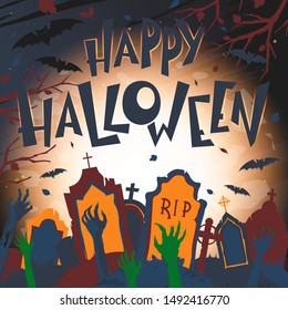 Halloween poster with grunge background,zombie hands,dead trees,full moon and bats.Halloween design perfect for prints,flyers,banners invitations,greetings.Vector Halloween illustration.