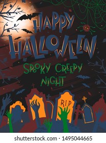 Halloween poster with grunge background,zombie hands,dead trees,full moon and bats.Halloween design perfect for prints,flyers,banners invitations,greetings.Vector Halloween illustration.