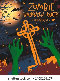 Halloween poster with grunge background,zombie hands,graveyard,full moon,dead trees and bats.Halloween design perfect for prints,flyers,banners invitations,greetings.Vector Halloween illustration.