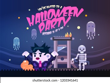 Halloween poster with guillotine, ghosts, skeleton and dracula. Invitation template for Halloween party. Flat vector illustration.
