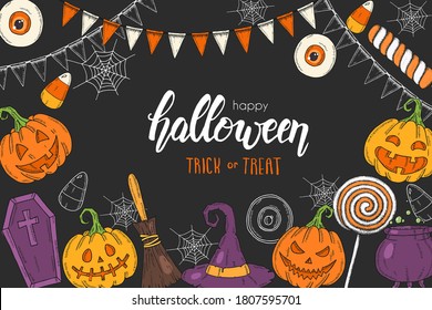 Halloween poster with hand drawn colored pumpkin Jack, witch hat, broom, hat, sweets, candy roots, coffin, pot with potion''Trick or Treat". Sketch, lettering. Halloween banner, flyer, brochure. 