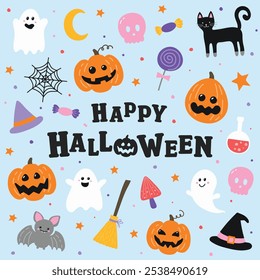 Halloween poster with hand drawn elements in retro style. Vector illustration