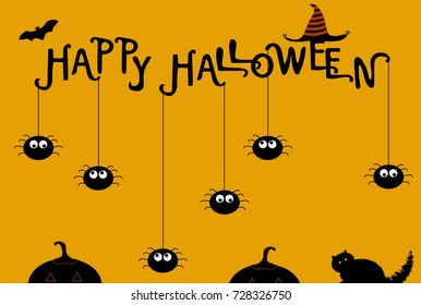 Halloween poster with hand drawn happy Halloween typography design,spiders,pumpkins,black cat,bat and hat.For poster,banner,greeting and invitation cards design.Vector illustration.